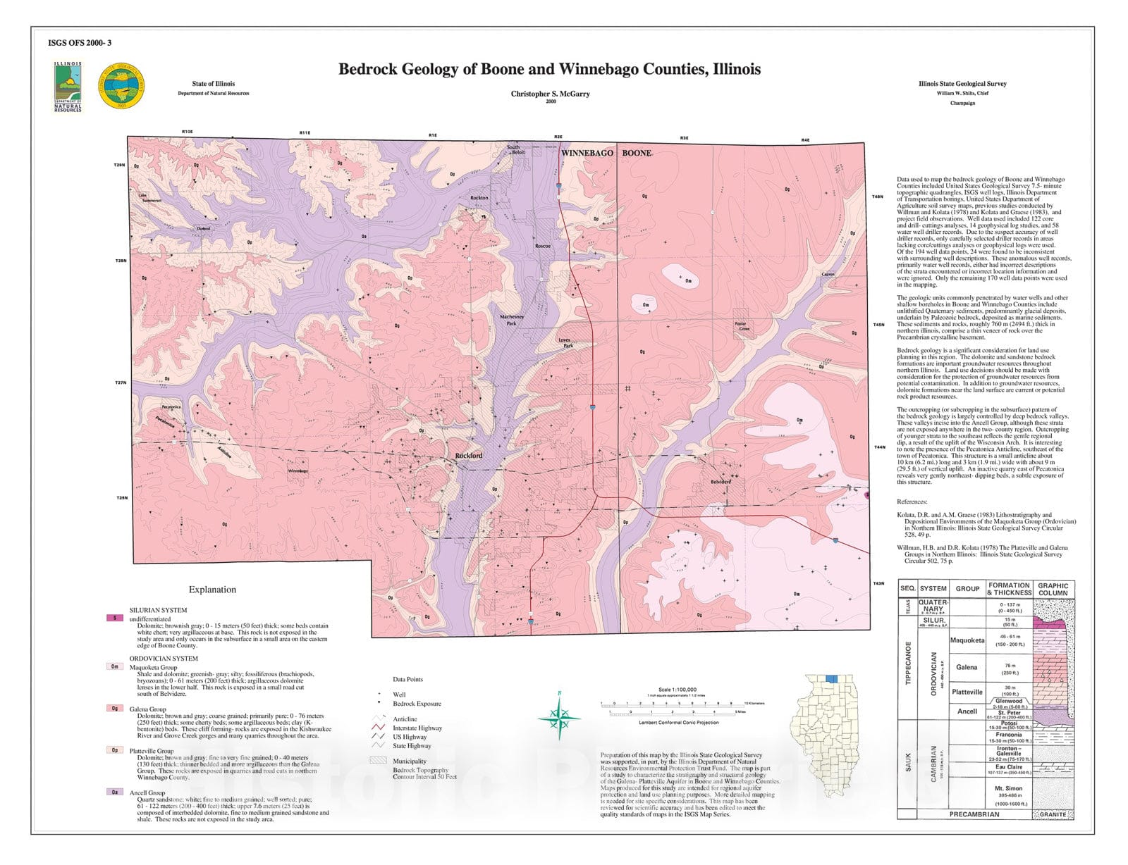 Map : Bedrock geology of Boone and Winnebago Counties, Illinois, 2000 Cartography Wall Art :