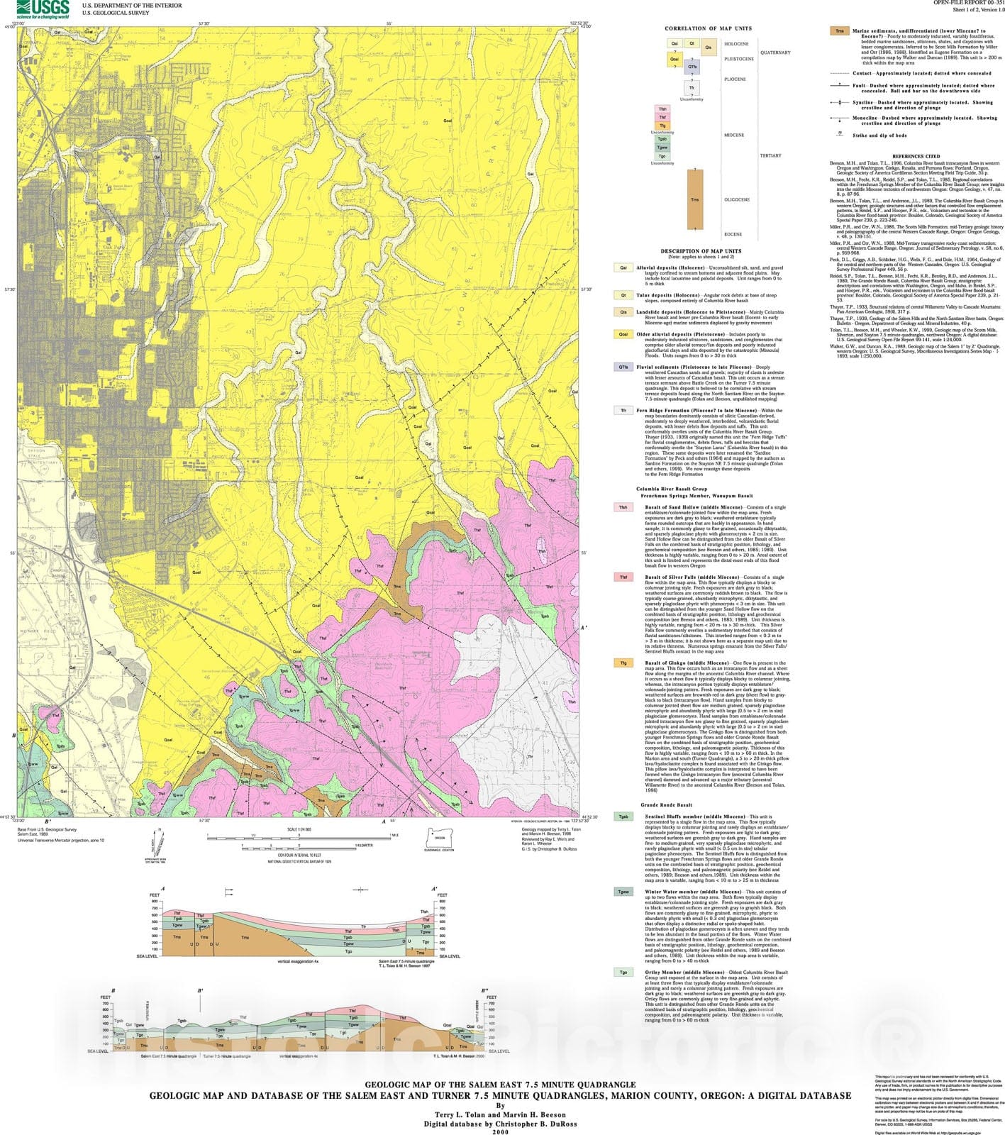 Map : Geologic map and database of the Salem East and Turner 7.5 minute quadrangles, Marion County, Oregon: a digital database, 2000 Cartography Wall Art :