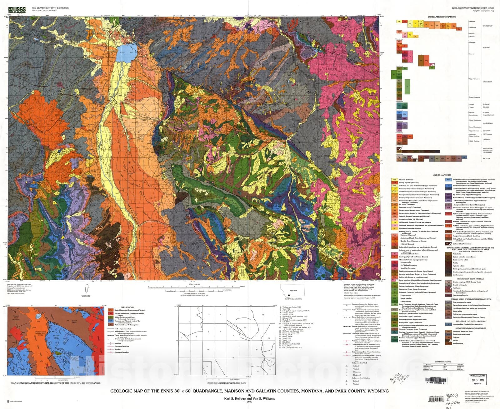Map : Geologic map of the Ennis 30' X 60' quadrangle, Madison and Gallatin Counties, Montana, and Park County, Wyoming, 2000 Cartography Wall Art :