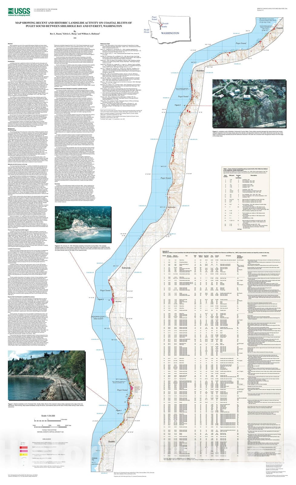 Map : Map showing recent and historic landslide activity on coastal bluffs of Puget Sound between Shilshole Bay and Everett, Washington, 2000 Cartography Wall Art :