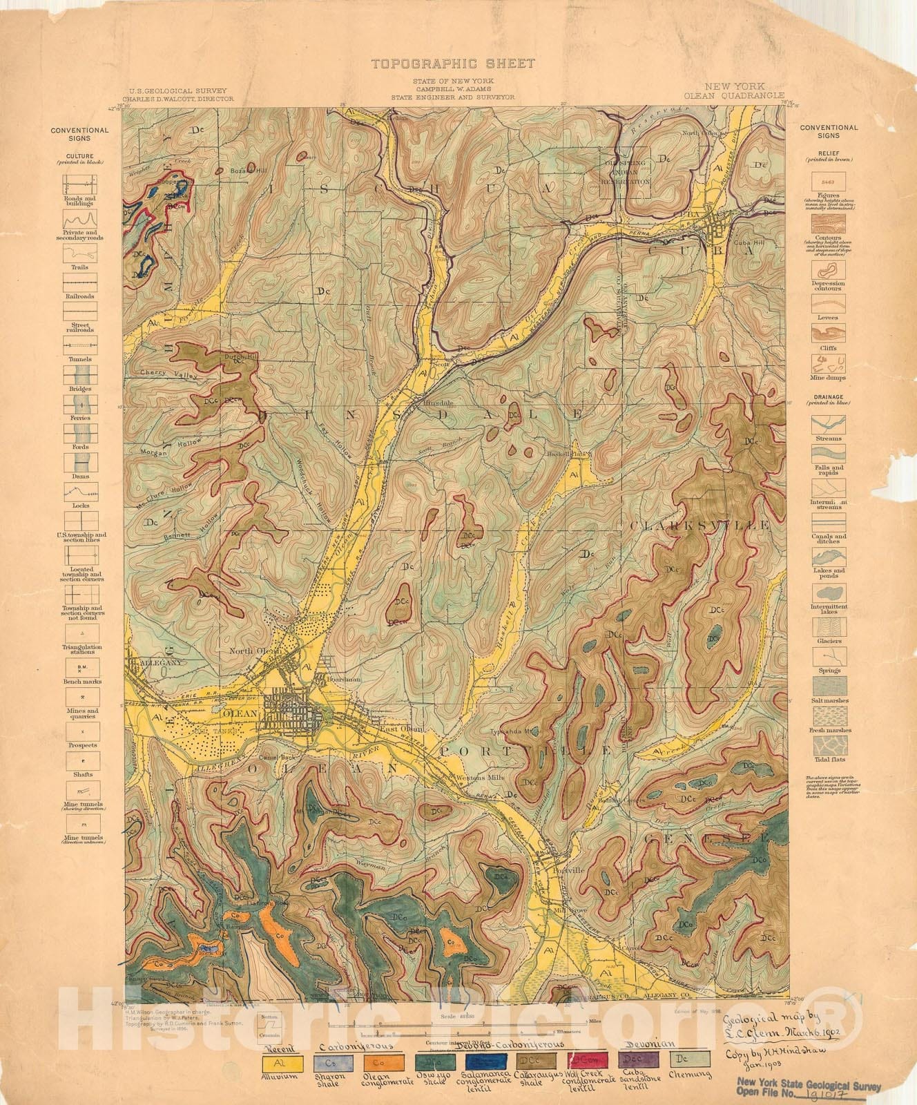 Map : Geologic Map of the Olean fifteen minute Quadrangle, 1902 Cartography Wall Art :