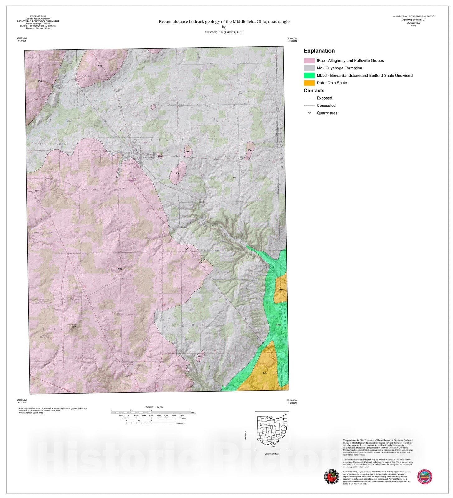 Map : Reconnaissance bedrock geology of the Middlefield, Ohio, quadrangle, 1996 Cartography Wall Art :