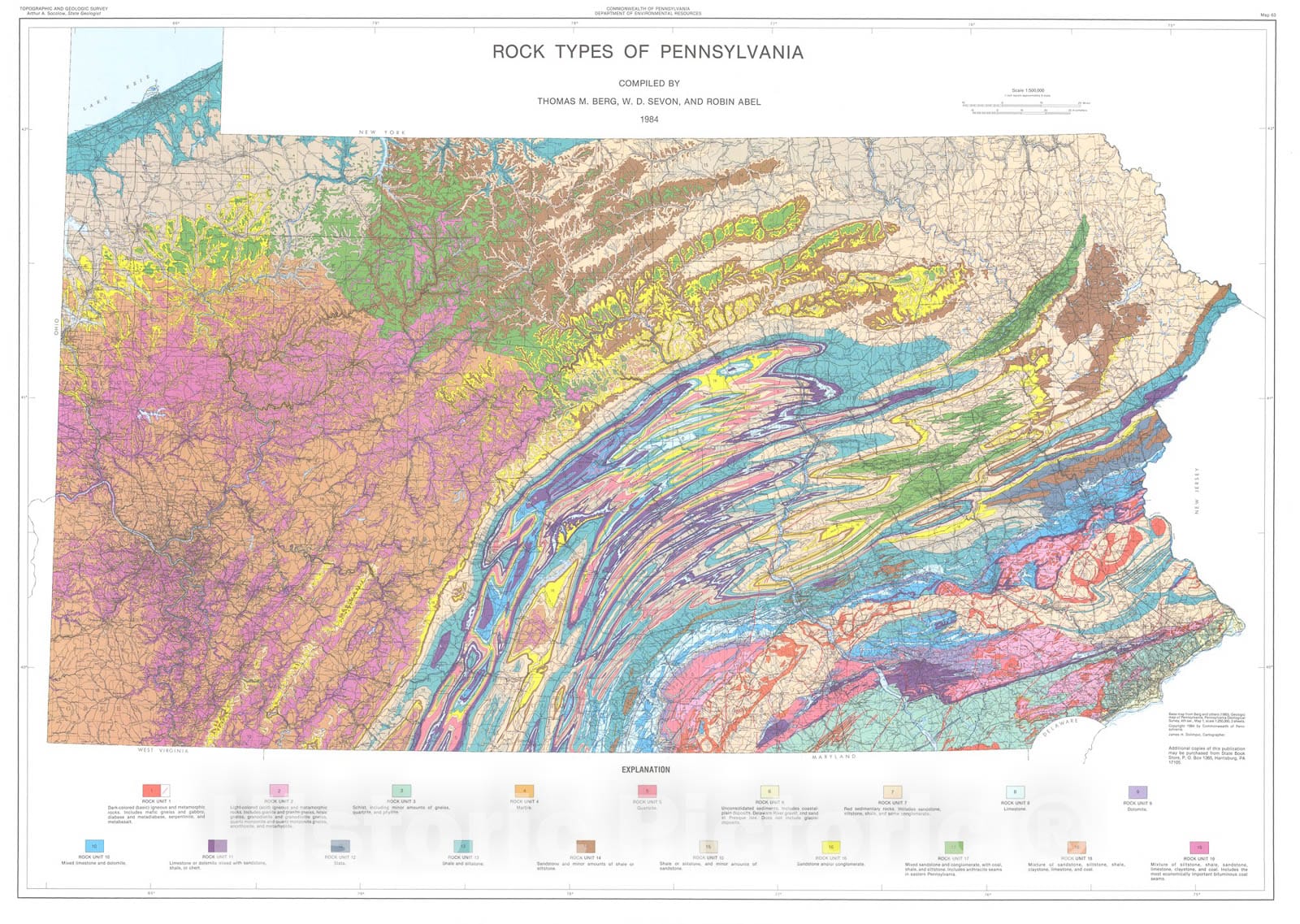 Map : Rock types of Pennsylvania, 1984 Cartography Wall Art :
