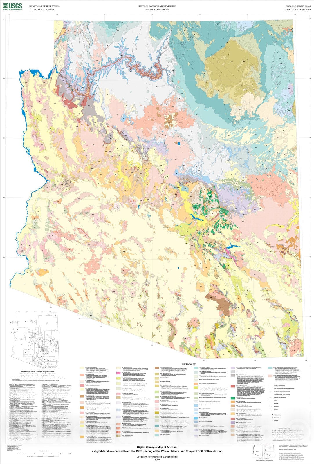 Map : Digital geologic map of Arizona: a digital database derived from the 1983 printing of the Wilson, Moore, and Cooper, 1:500,000-scale map, 2000 Cartography Wall Art :