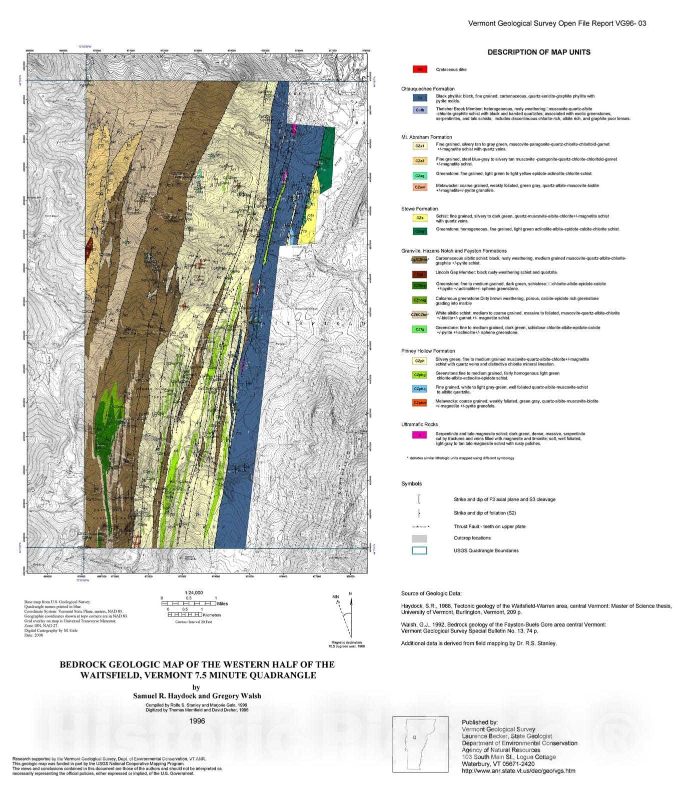 Map : Digital Compilation Bedrock Geologic Map of the Waitsfield Quadrangle, Vermont, 1996 Cartography Wall Art :