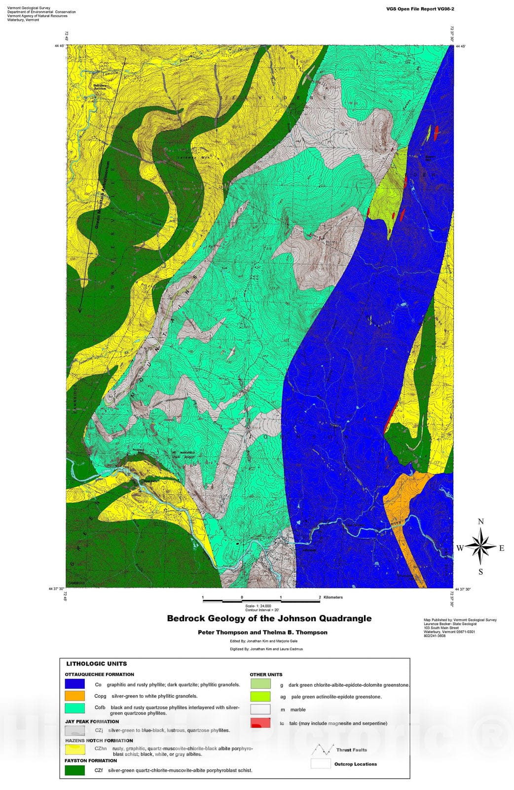 Map : Digital Bedrock Geologic Map of the Johnson Quadrangle, Vermont, 1998 Cartography Wall Art :