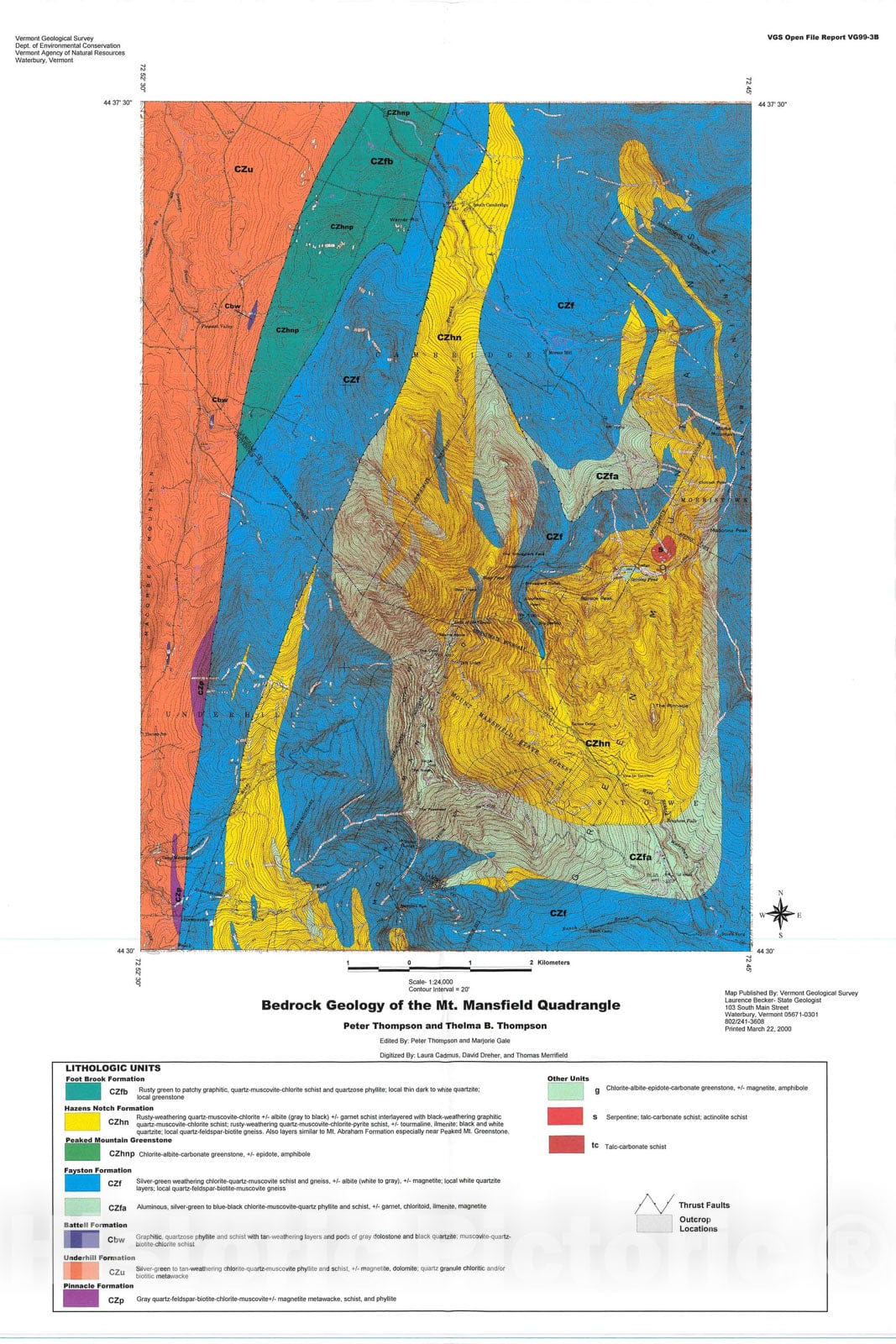 Map : Digital Bedrock Geologic Map of the Mt. Mansfield Quadrangle, Vermont, 1999 Cartography Wall Art :