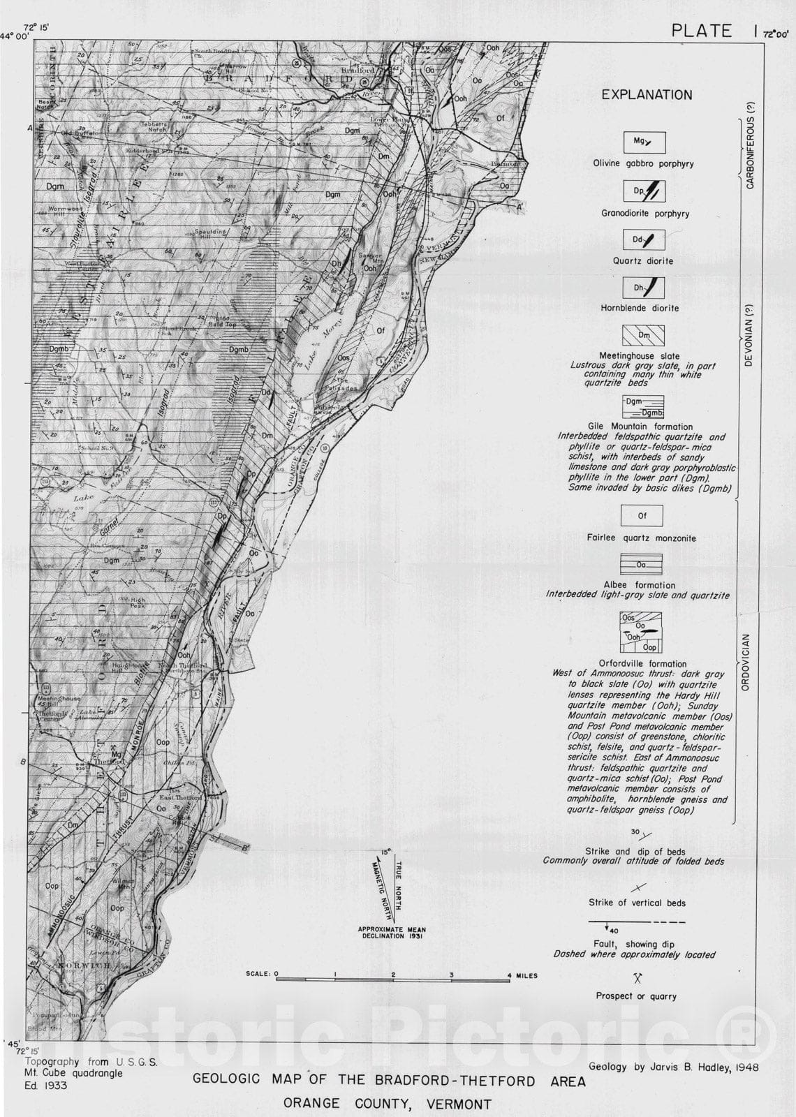Map : Geology of the Bradford-Thetford Area, Orange County, Vermont, 1950 Cartography Wall Art :
