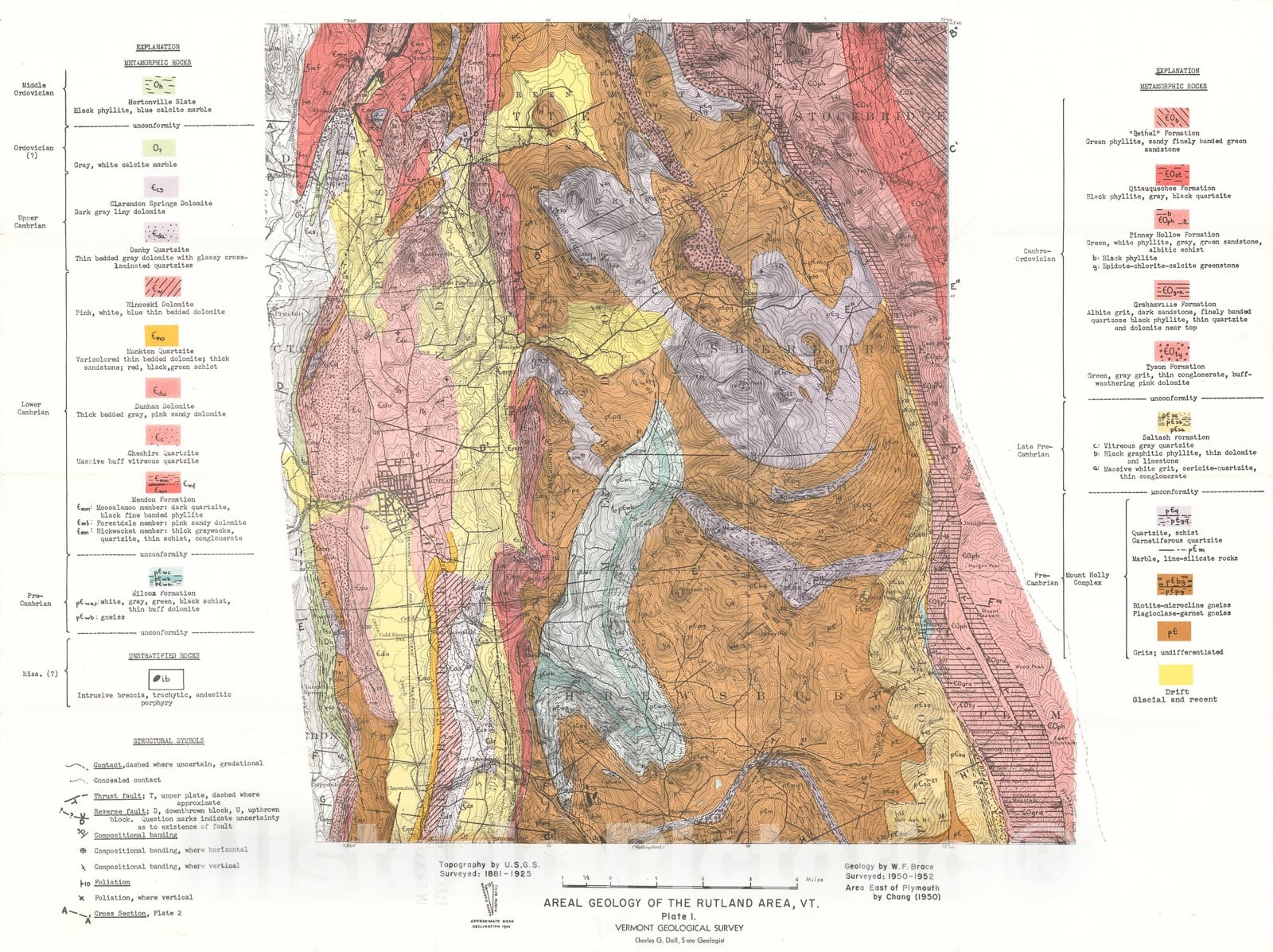 Map : The Geology of the Rutland Area, Vermont, 1953 Cartography Wall Art :