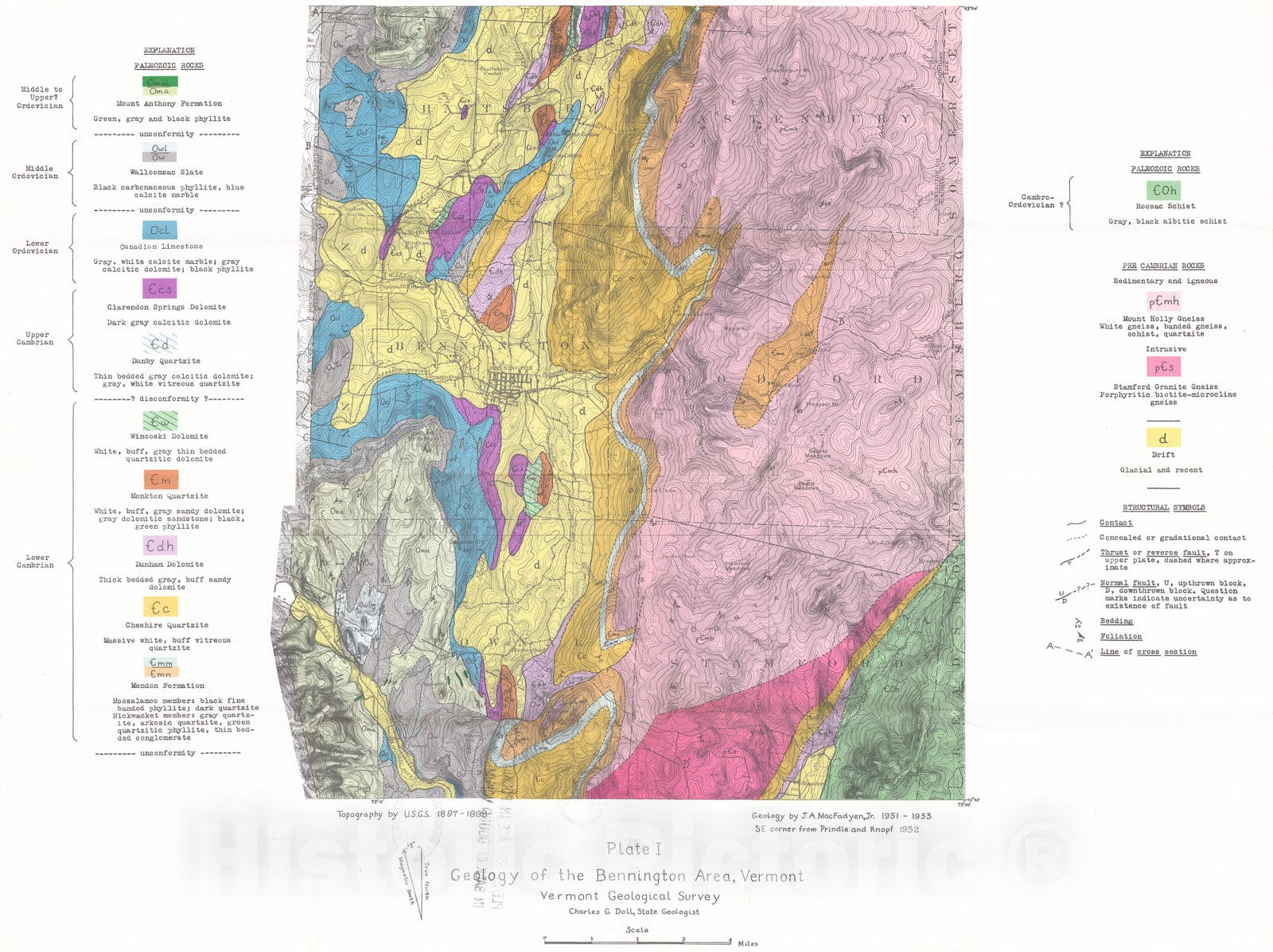 Map : The Geology of the Bennington Area, Vermont, 1956 Cartography Wall Art :