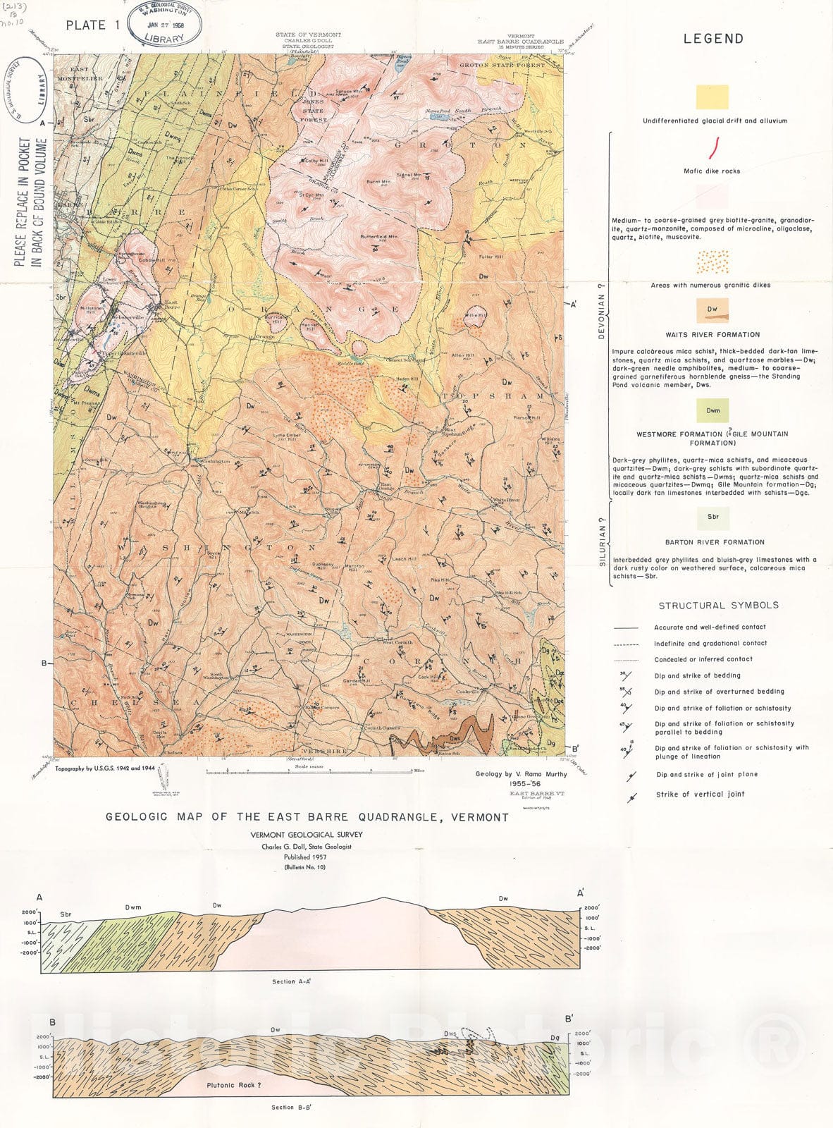 Map : Bedrock Geology of the East Barre Area, Vermont, 1957 Cartography Wall Art :