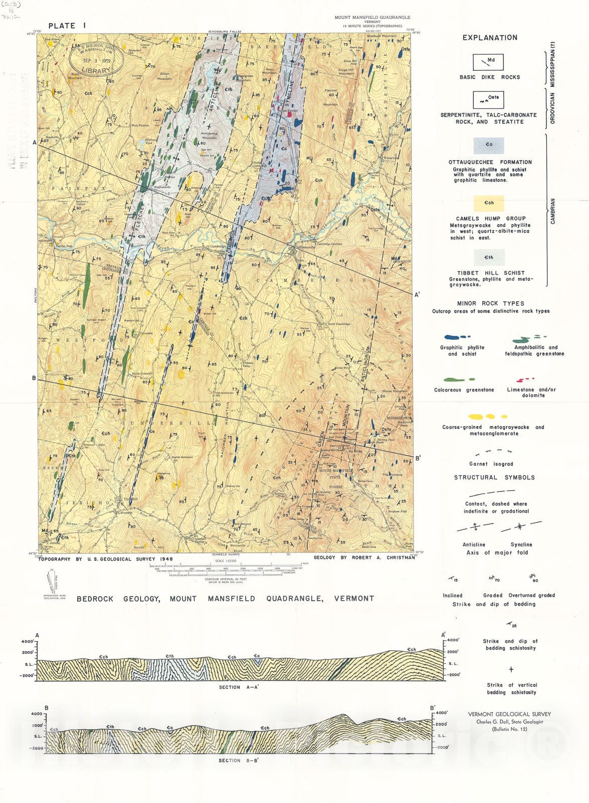Map : Geology of the Mount Mansfield Quadrangle, Vermont, 1959 Cartography Wall Art :