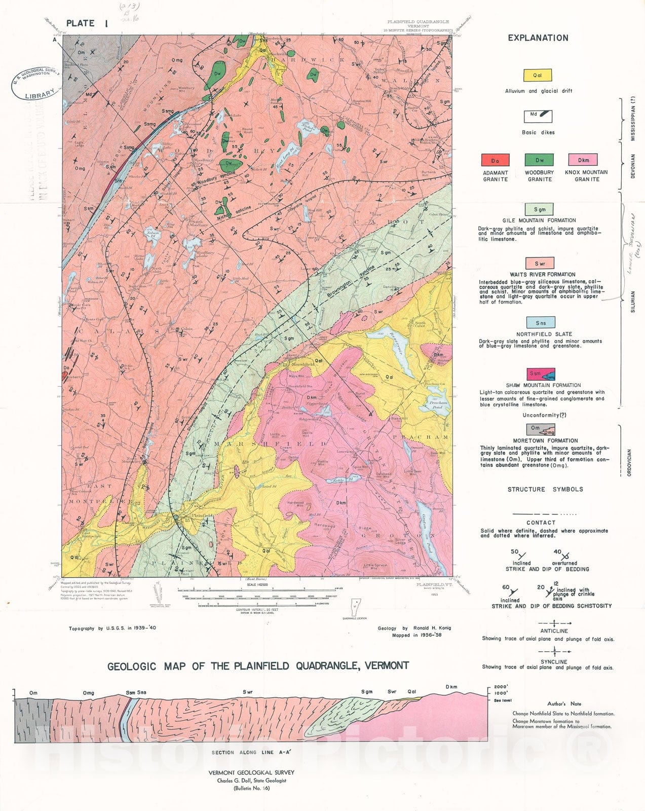 Map : Geology of the Plainfield Quadrangle, Vermont, 1961 Cartography Wall Art :