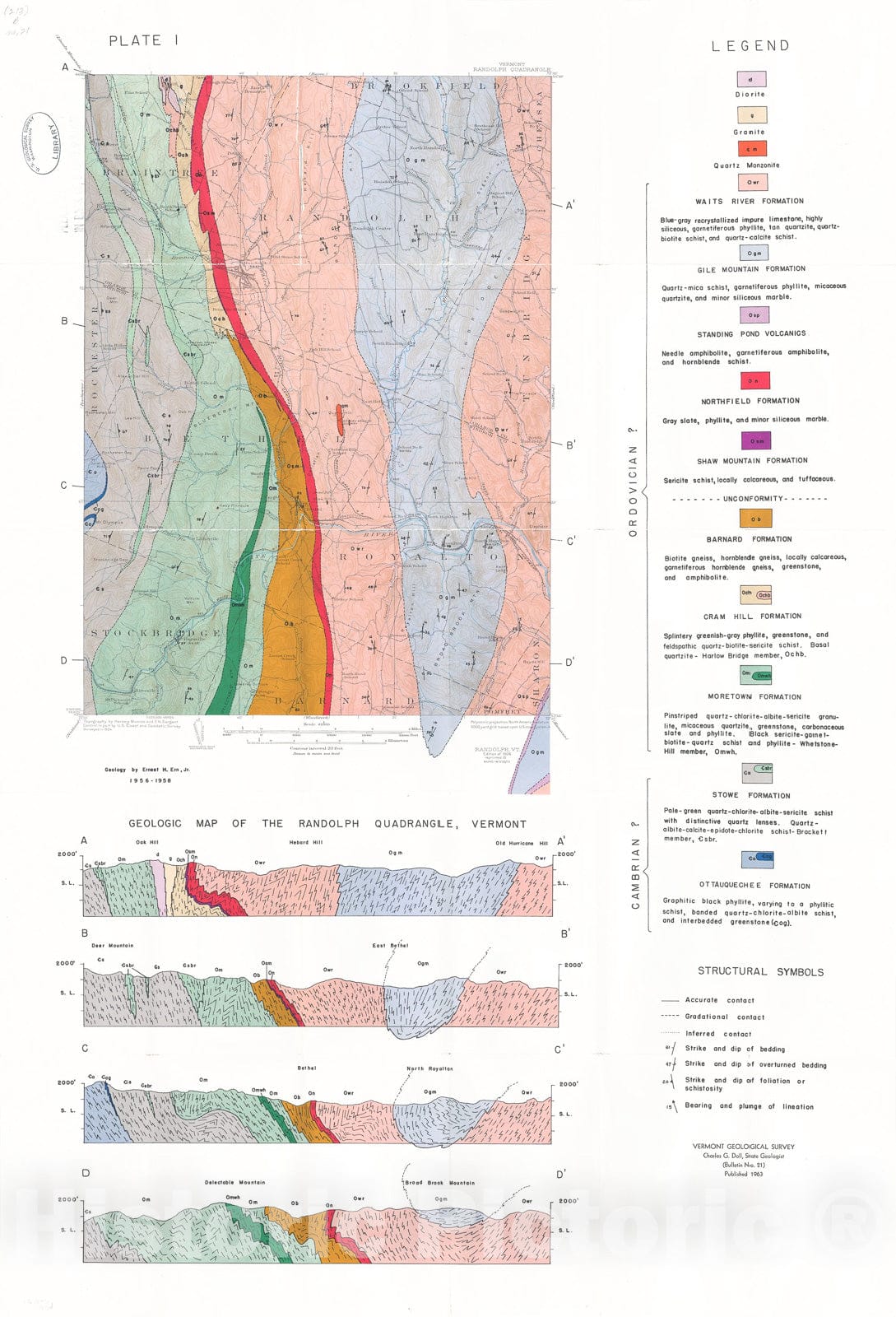 Map : Bedrock Geology of the Randolph Quadrangle, Vermont, 1963 Cartography Wall Art :