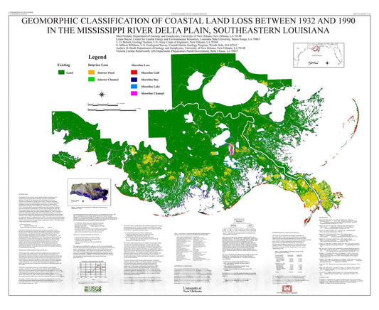 Map : Geomorphic classification of coastal land loss between 1932 and 1990 in the Mississippi River delta plain, southeastern Louisiana, 2001 Cartography Wall Art :
