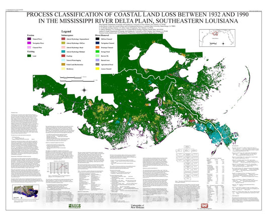 Map : Process classification of coastal land loss between 1932 and 1990 in the Mississippi River delta plain, southeastern Louisiana, 2001 Cartography Wall Art :