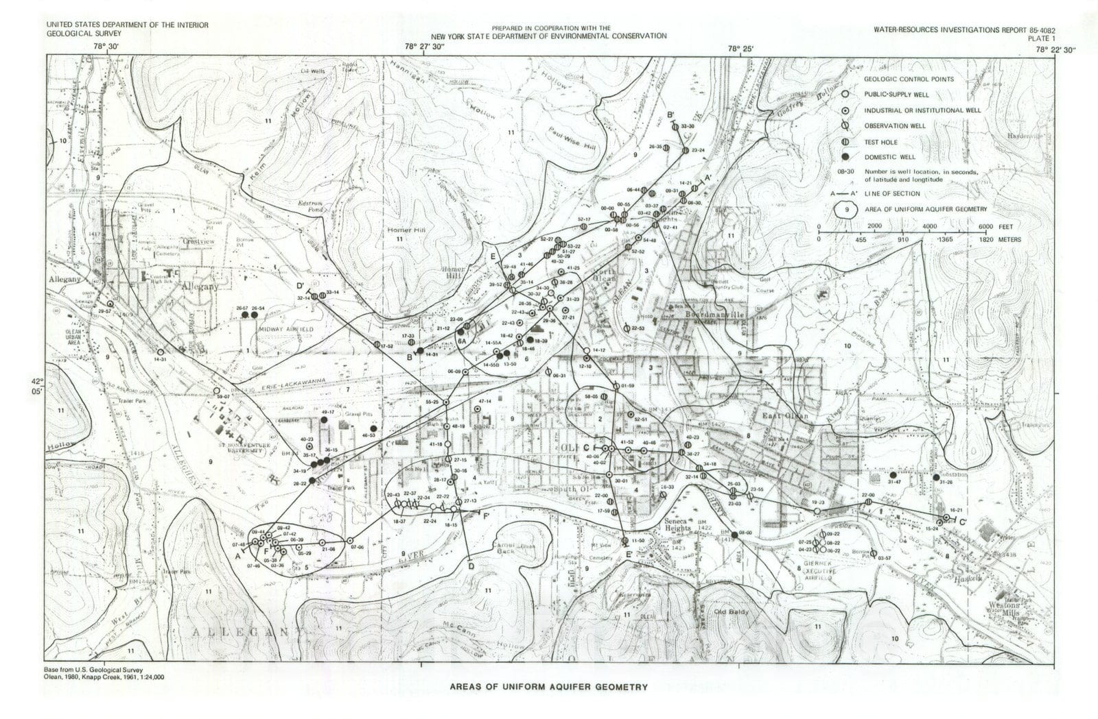 Map : Effect of reduced industrial pumpage on the migration of dissolved nitrogen in an outwash aquifer at Olean, Cattaraugus County, New York, 1987 Cartography Wall Art :