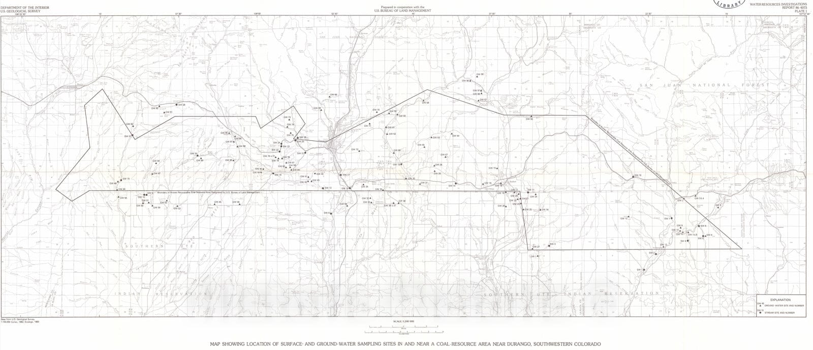 Map : General surface- and ground-water quality in a coal-resources area near Durango, southwestern Colorado, 1986 Cartography Wall Art :