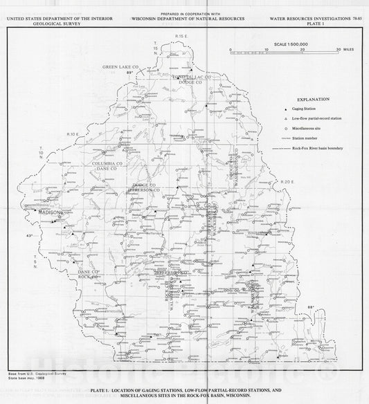 Map : Low-flow characteristics of streams in the Rock - Fox River basin, Wisconsin, 1978 Cartography Wall Art :