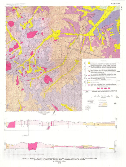 Map : Geologic map of the Dick Creek Lakes, Dunrud Peak, Francs Peak, Noon Point, and Twin Peak Quadrangles, Fremont, Hot Springs, and Park Counties, Wyoming, 1982 Cartography Wall Art :