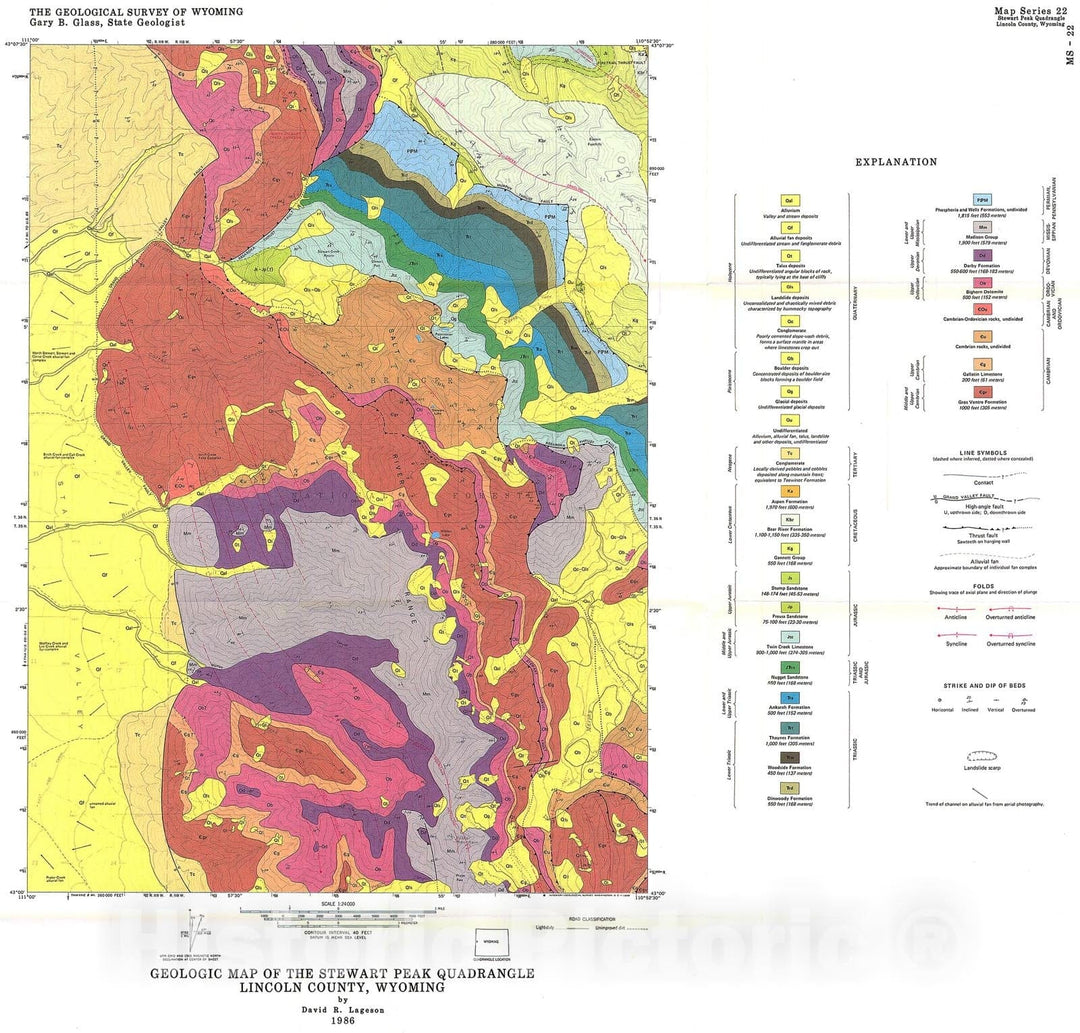 Map : Geologic map of the Stewart Peak Quadrangle, Lincoln County, Wyoming, 1986 Cartography Wall Art :