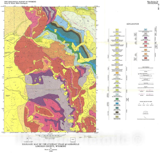 Map : Geologic map of the Stewart Peak Quadrangle, Lincoln County, Wyoming, 1986 Cartography Wall Art :