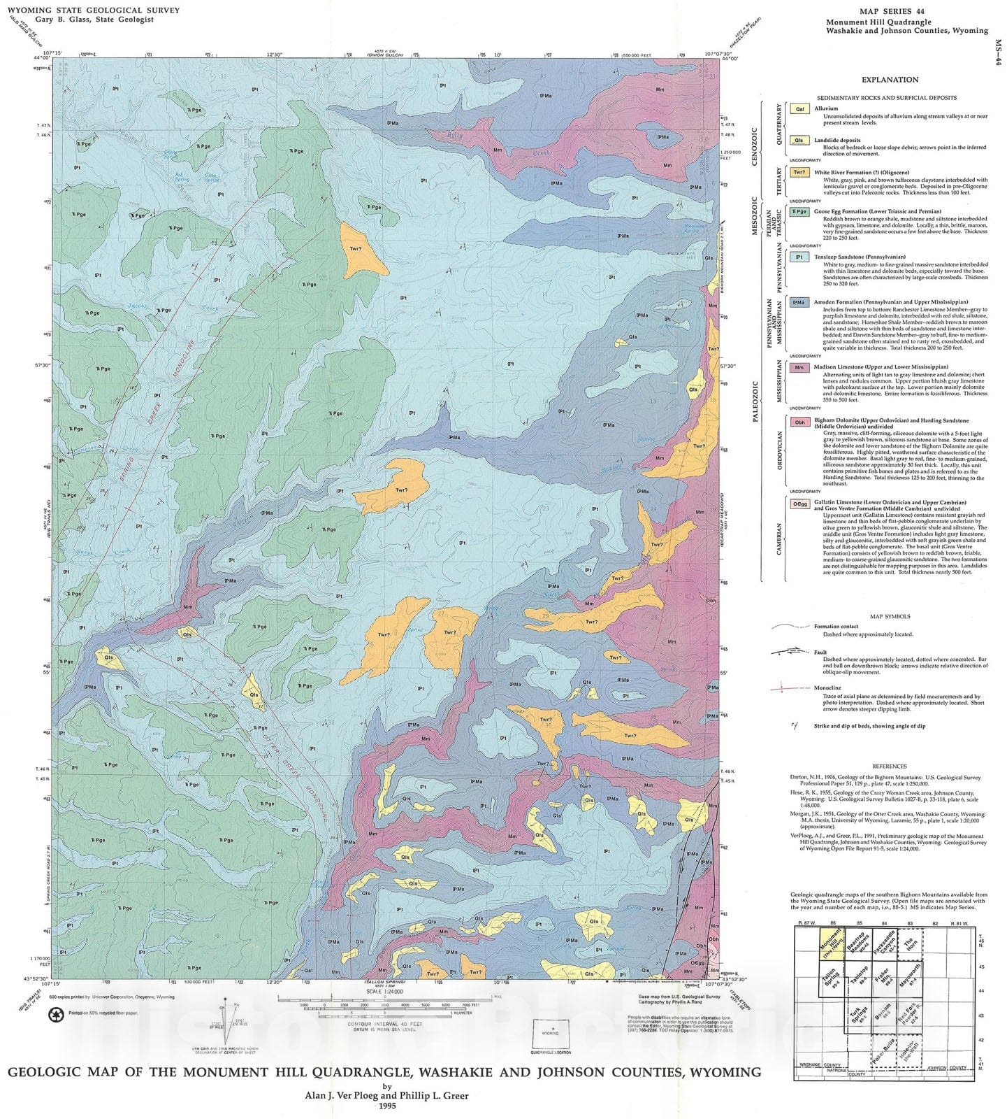Map : Geologic map of the Monument Hill Quadrangle, Johnson and Washakie Counties, Wyoming, 1995 Cartography Wall Art :