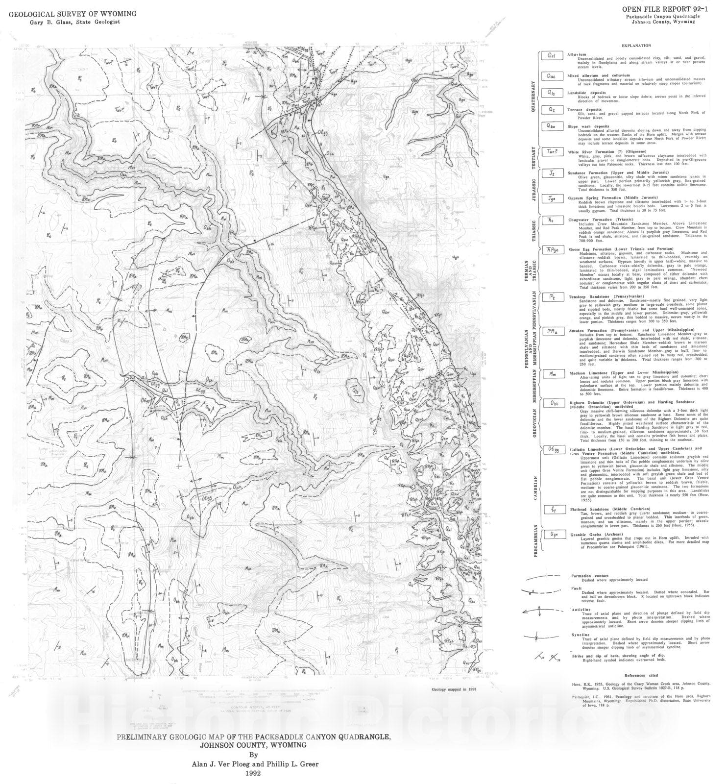 Map : Preliminary geologic map of the Packsaddle Canyon Quadrangle, Johnson County, Wyoming, 1992 Cartography Wall Art :