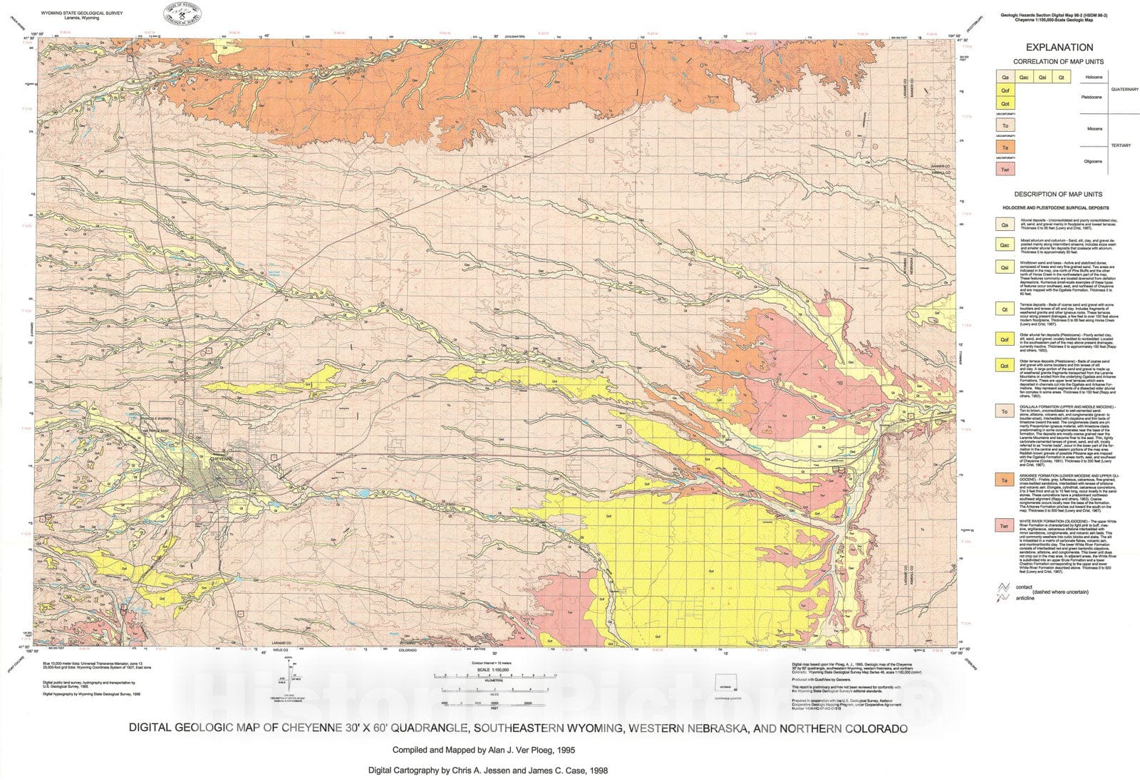 Map : Digital geologic map of the Cheyenne 30' x 60' quadrangle, southeastern Wyoming, western Nebraska, and northern Colorado, 1998 Cartography Wall Art :