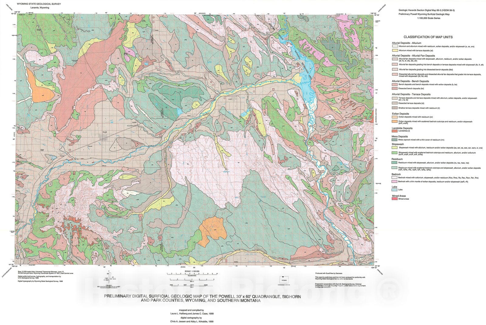 Map : Preliminary digital surficial geologic map of the Powell thirty minute x sixty minute Quadrangle, Big Horn and Park Counties, Wyoming and southern Montana, 1999 Cartography Wall Art :
