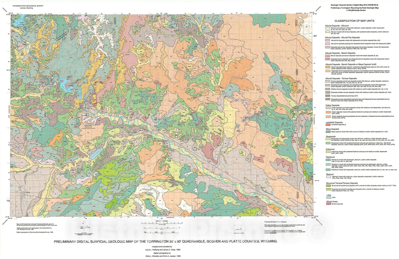 Map : Preliminary digital surficial geologic map of the Torrington thirty minute x sixty minute Quadrangle, Goshen, and Platte Counties, Wyoming, 1999 Cartography Wall Art :