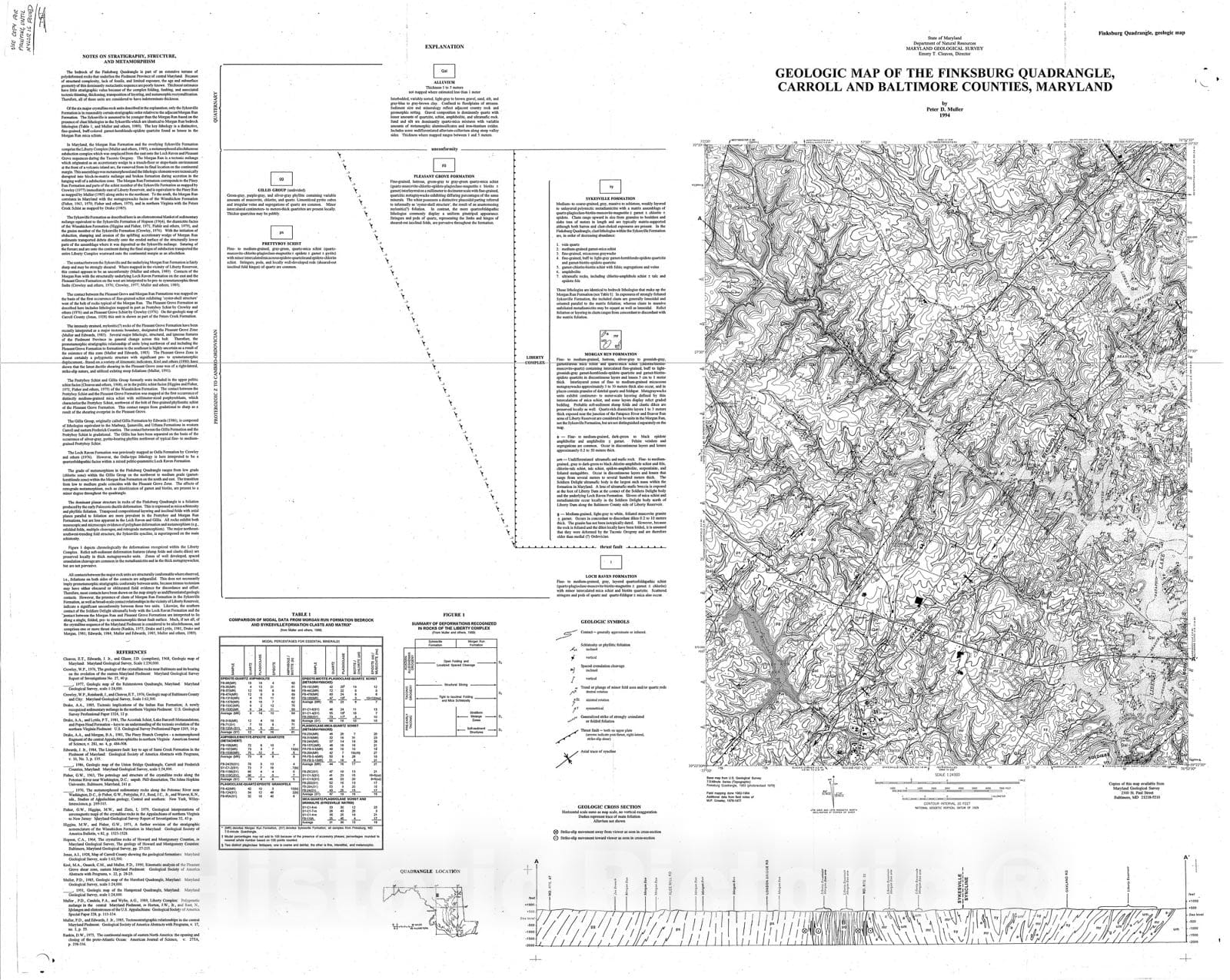 Map : Geologic map of the Finksburg quadrangle, Carroll and Baltimore Counties, Maryland, 1994 Cartography Wall Art :