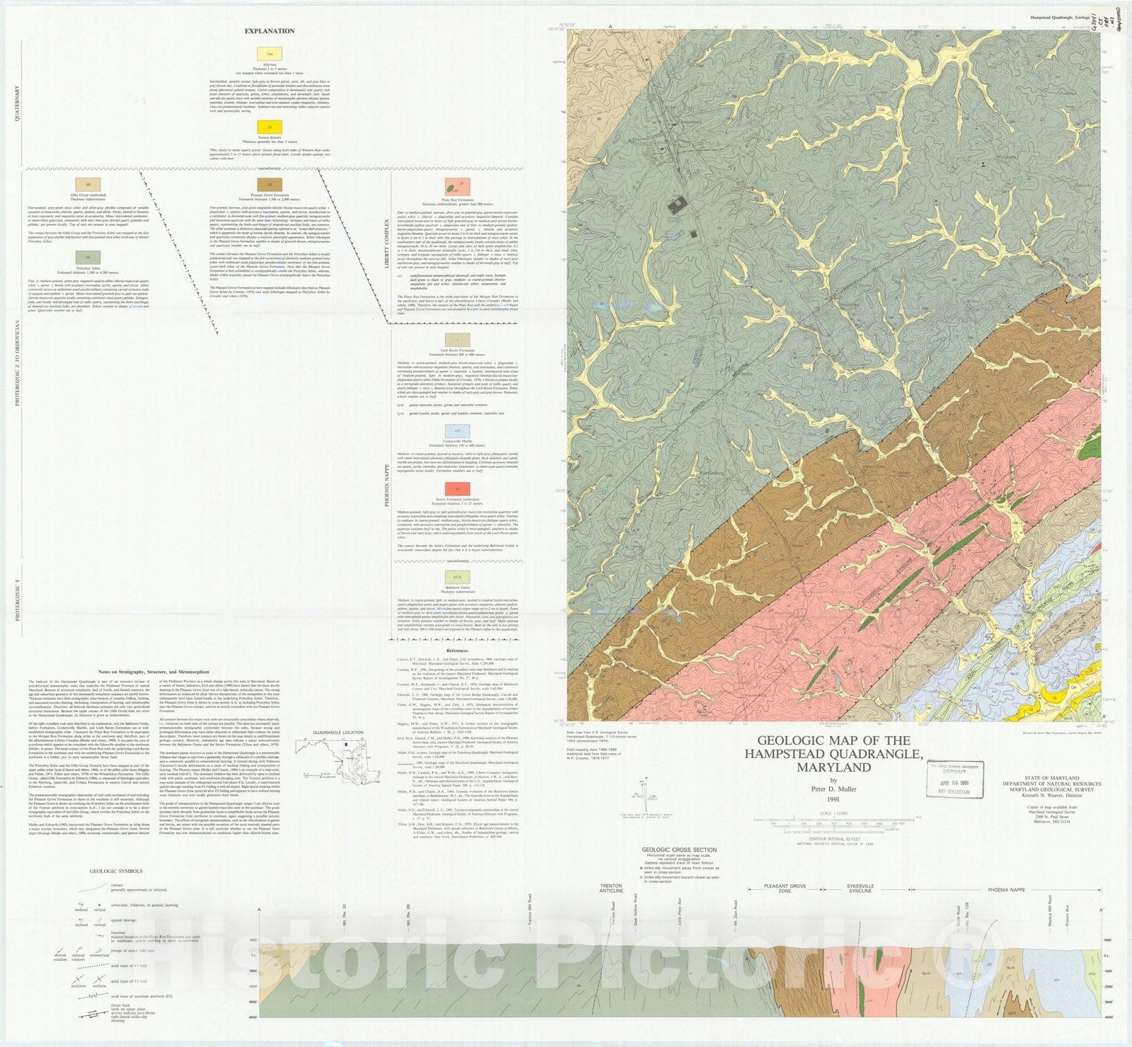 Map : Geologic map of the Hampstead quadrangle, Maryland, 1991 Cartography Wall Art :
