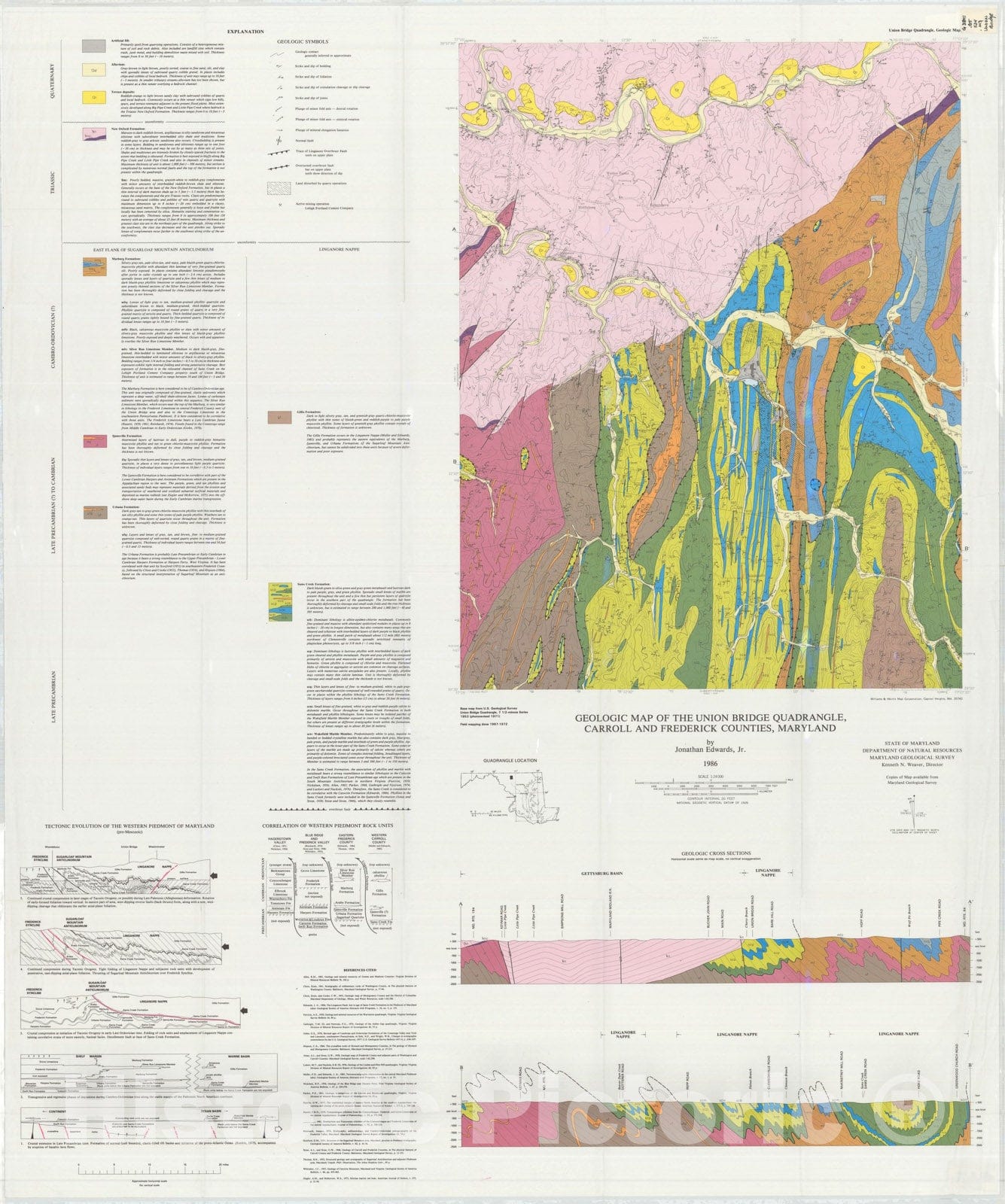 Map : Geologic map of the Union Bridge quadrangle, Carroll and Frederick Counties, Maryland, 1986 Cartography Wall Art :