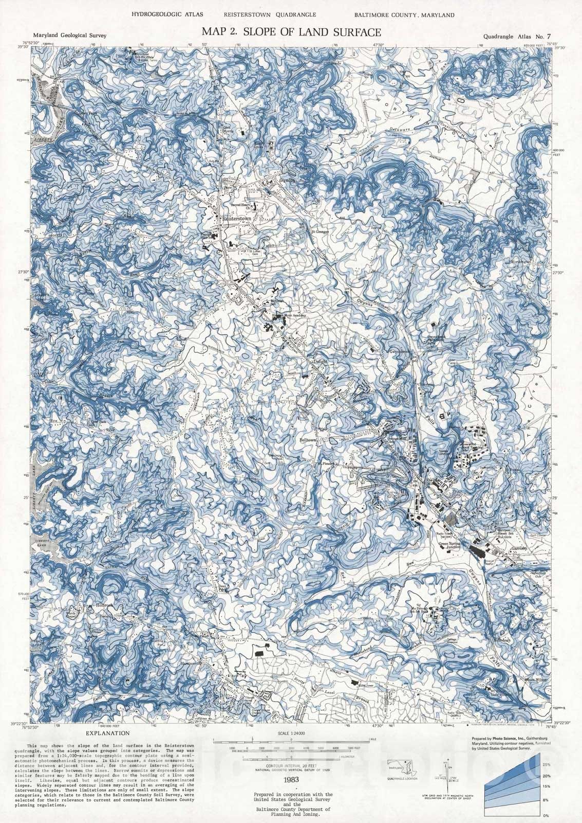 Map : Slope of land surface [Reisterstown quadrangle, Maryland], 1983 Cartography Wall Art :