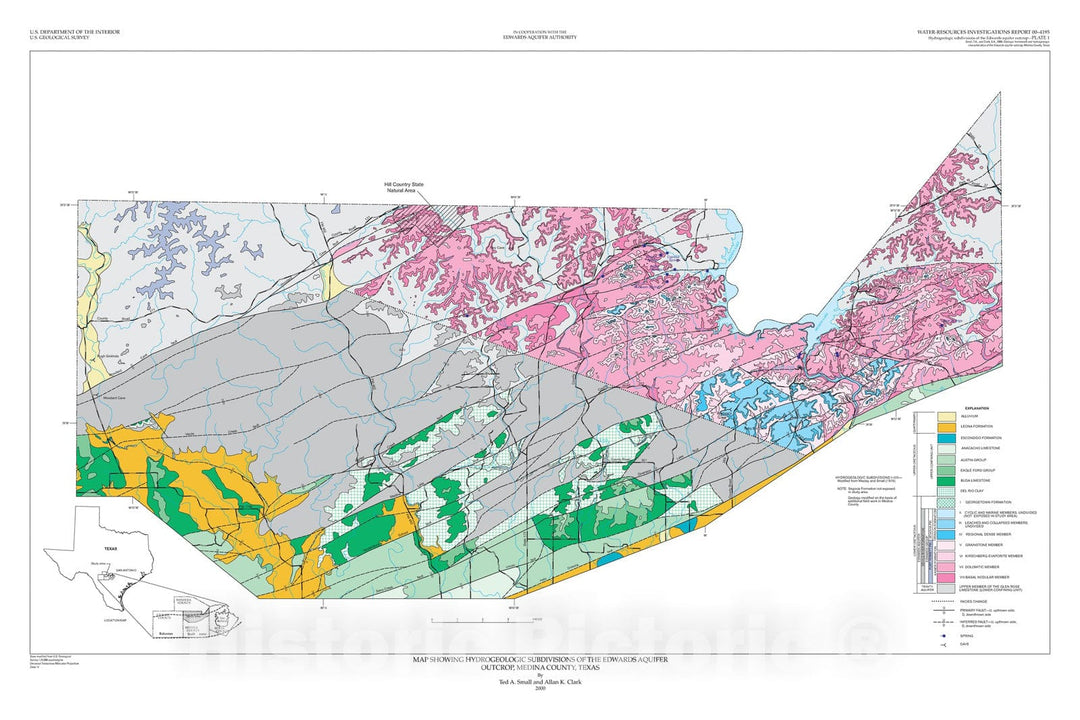 Map : Geologic framework and hydrogeologic characteristics of the Edwards aquifer outcrop, Medina County, Texas, 2001 Cartography Wall Art :