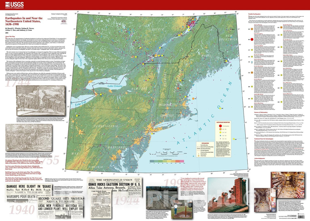 Map : Earthquakes in and near the northeastern United States, 1638-1998, 2001 Cartography Wall Art :