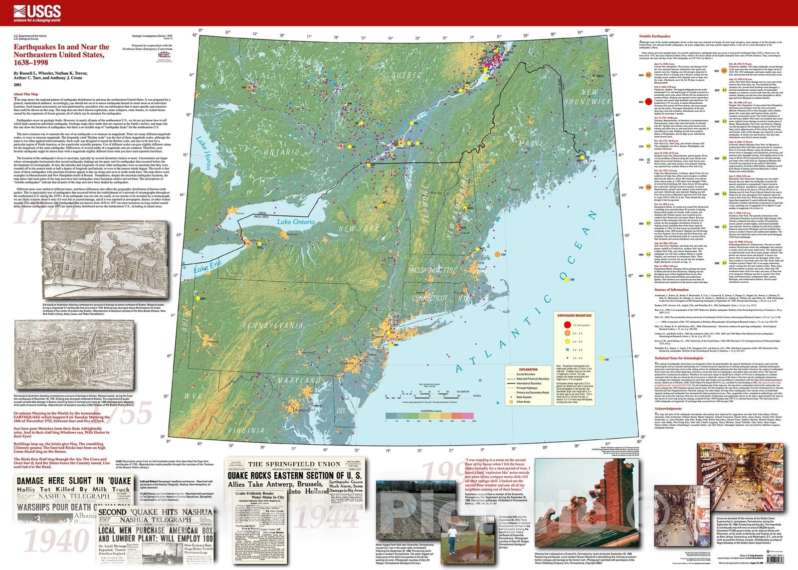 Map : Earthquakes in and near the northeastern United States, 1638-1998, 2001 Cartography Wall Art :