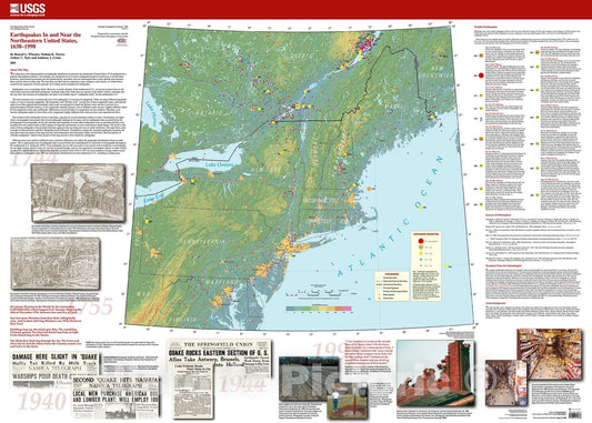 Map : Earthquakes in and near the northeastern United States, 1638-1998, 2001 Cartography Wall Art :