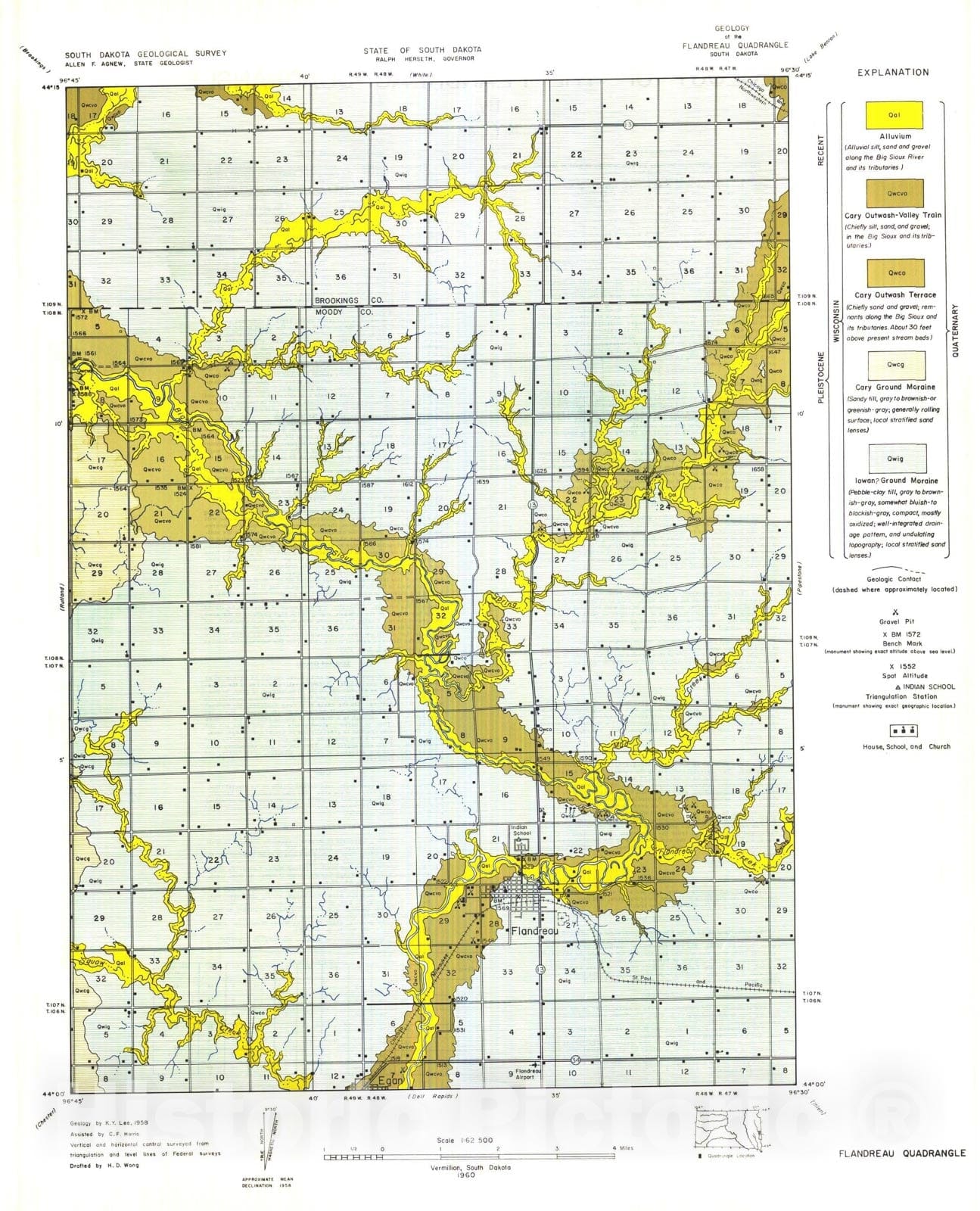 Map : Geology of the Flandreau quadrangle South Dakota, 1960 Cartography Wall Art :