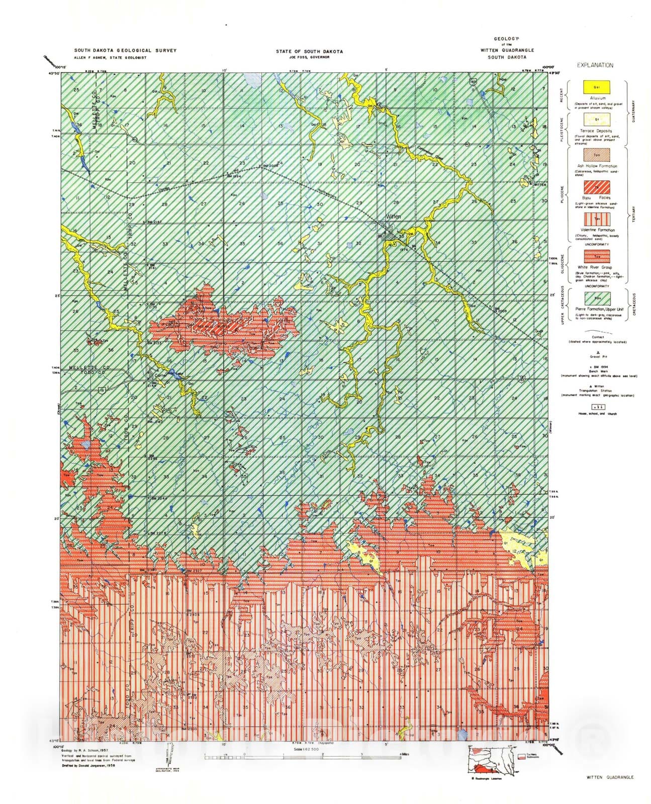 Map : Geology of the Witten quadrangle South Dakota, 1958 Cartography Wall Art :