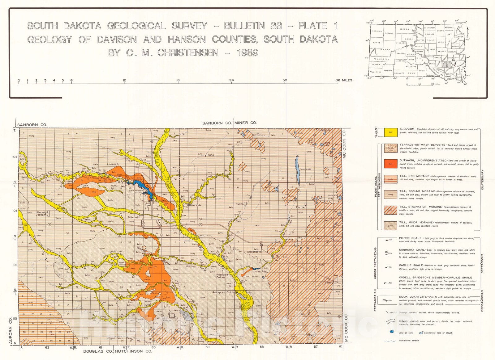 Map : Geology of Davison and Hanson Counties, South Dakota, 1989 Cartography Wall Art :