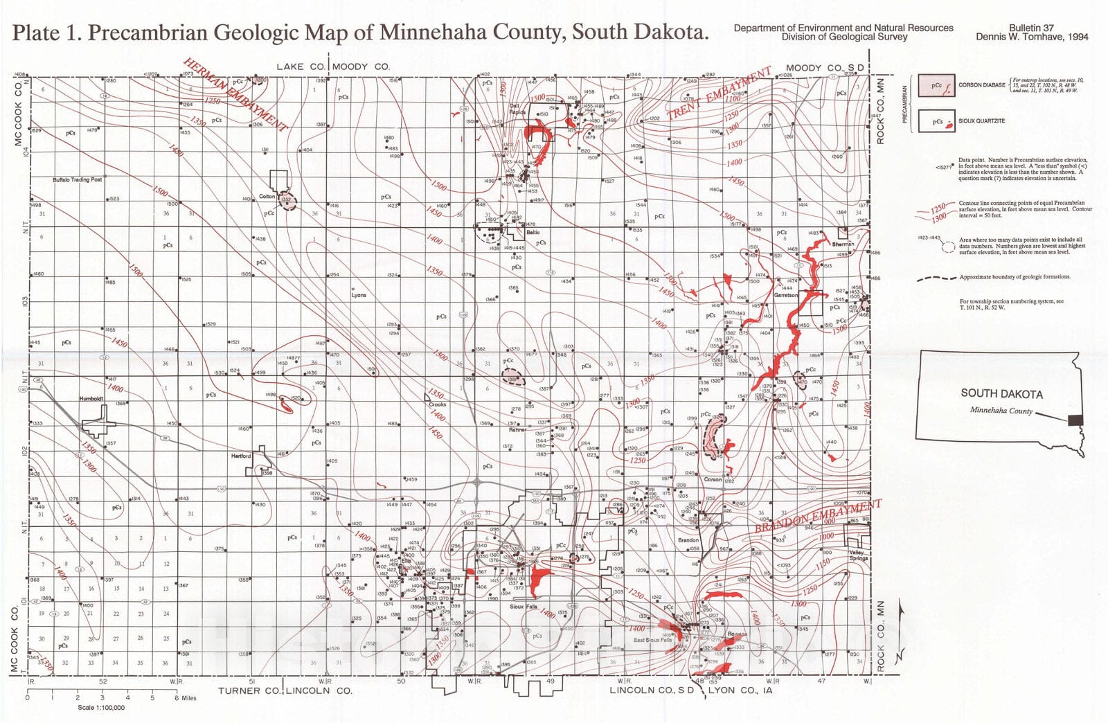 Map : Geology of Minnehaha County, South Dakota, 1994 Cartography Wall Art :