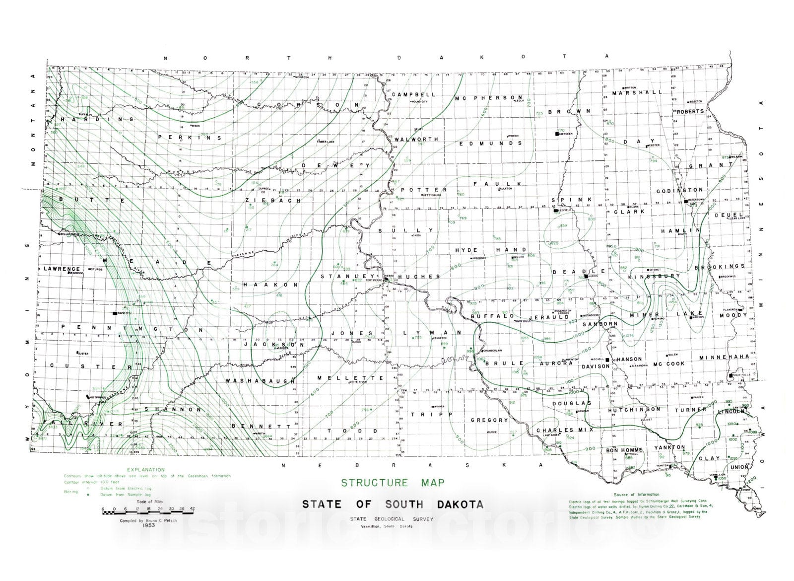 Map : Structure map of South Dakota, Greenhorn datum, 1953 Cartography Wall Art :