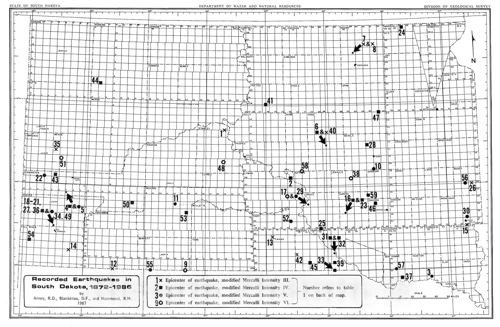 Map : Recorded earthquakes in South Dakota, 1872-1986, 1987 Cartography Wall Art :