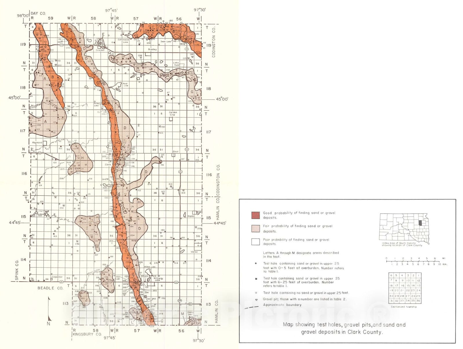 Map : Sand and gravel resources in Clark County, South Dakota, 1977 Cartography Wall Art :