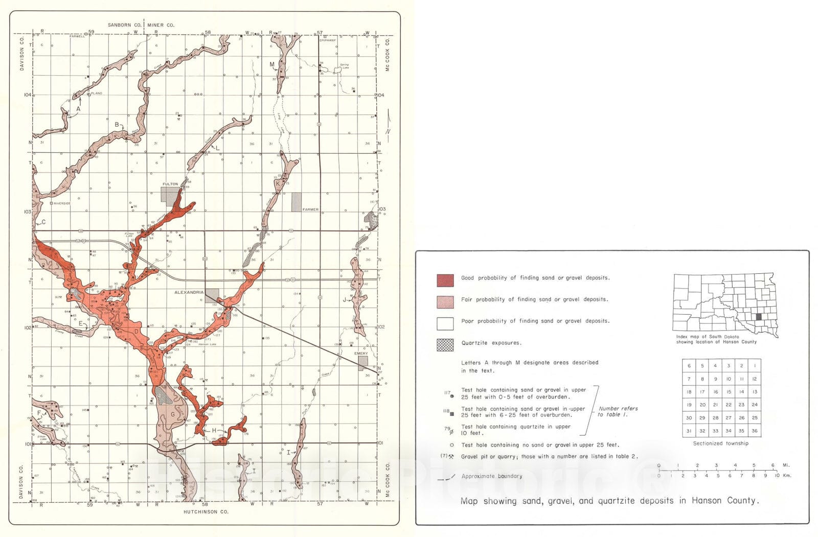 Map : Sand and gravel resources in Hanson County, South Dakota, 1982 Cartography Wall Art :