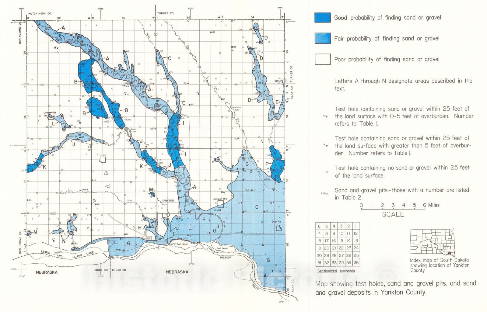Map : Sand and gravel resources in Yankton County, South Dakota, 1987 Cartography Wall Art :