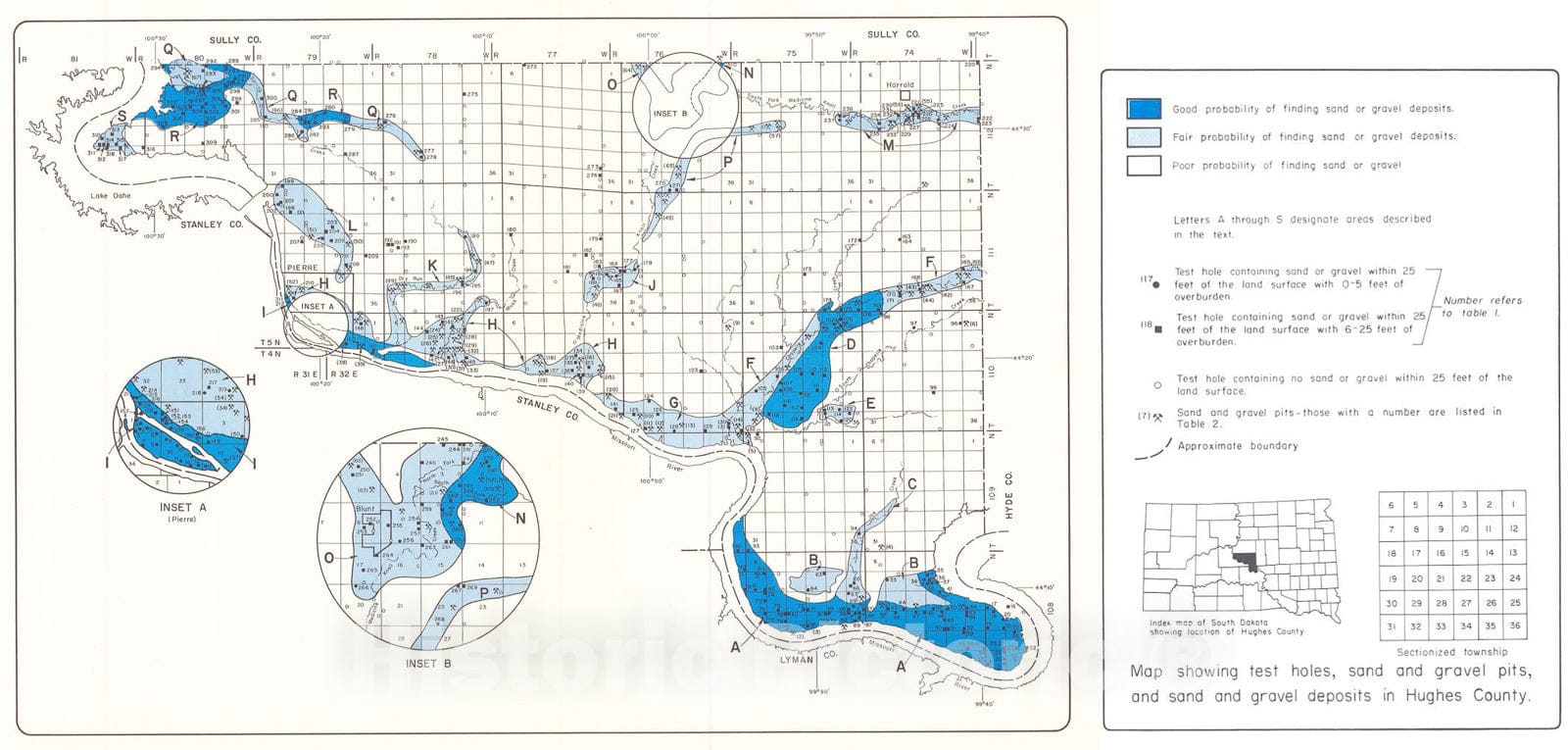 Map : Sand and gravel resources in Hughes County, South Dakota, 1986 Cartography Wall Art :