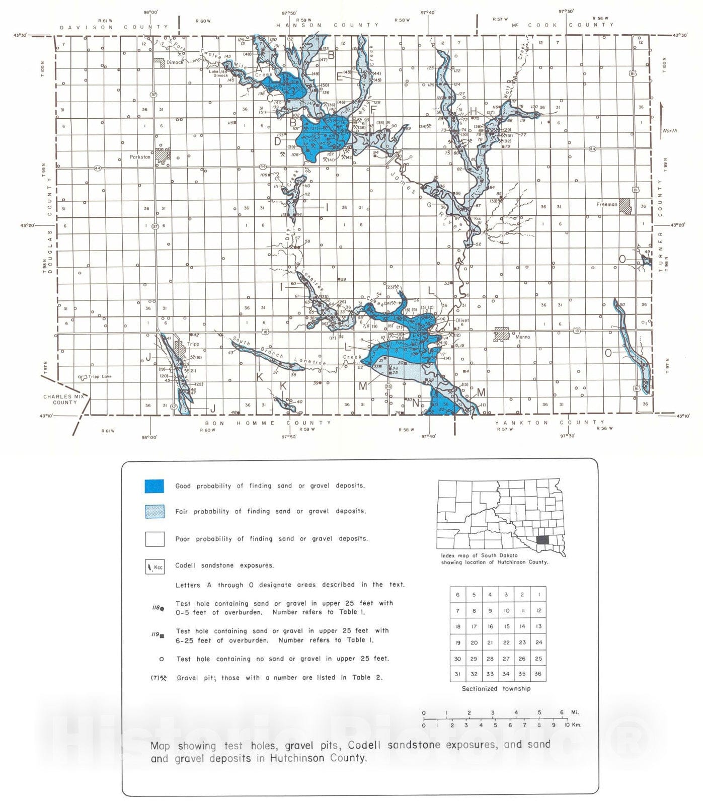 Map : Sand and gravel resources in Hutchinson County, South Dakota, 1986 Cartography Wall Art :